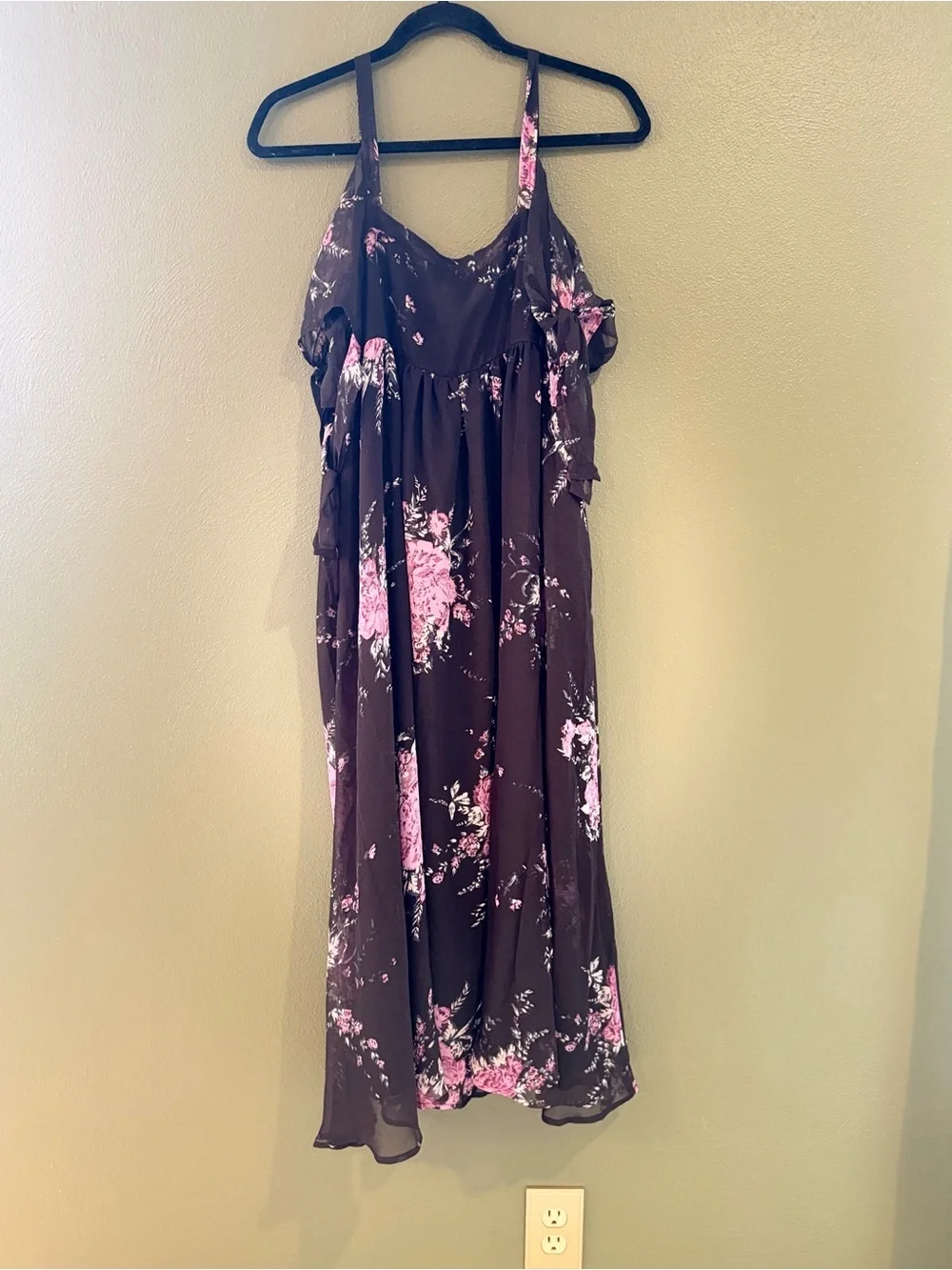 Free People Black Midi Dress with Pink Floral Print